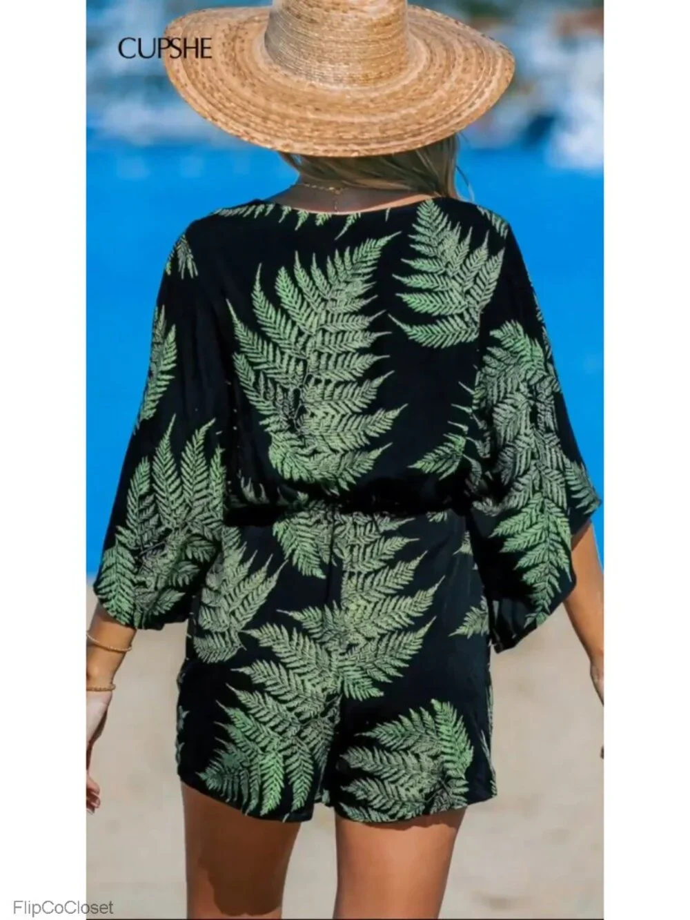 Women's Tropical Romper V-Neck Tie Waist Short Sleeve Rayon Jumpsuit